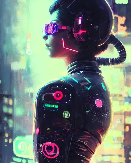 Prompt: detailed portrait neon operator girl, cyberpunk futuristic neon, reflective puffy coat, decorated with traditional japanese ornaments by ismail inceoglu dragan bibin hans thoma greg rutkowski alexandros pyromallis nekro rene maritte illustrated, perfect face, fine details, realistic shaded, fine - face, pretty face