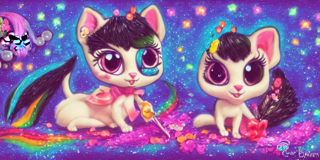 Image similar to 3 d littlest pet shop cat, lacey accessories, glittery wedding, ice cream, gothic, raven, rainbow, smiling, forest, moon, stars, master painter and art style of noel coypel, art of emile eisman - semenowsky, art of edouard bisson