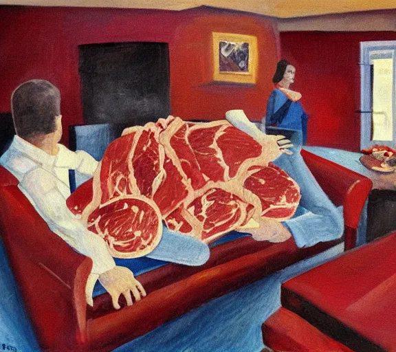 Image similar to oil painting of couch made out of meat, business men sitting on couch of meat and talking,