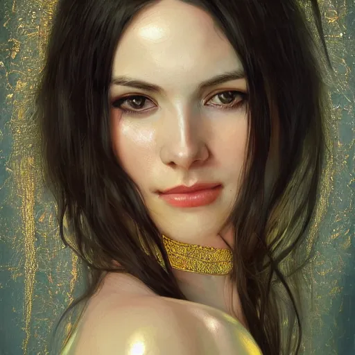 Image similar to portrait of a smiling, beautiful, pale skin eastern european female with long black hair, dark brown eyes, elegant clothing, photorealistic, highly detailed, artstation, smooth, sharp focus, gold ornaments, neon lighting, sci - fi, art by gustav klimt, artgerm, greg rutkowski and alphonse mucha