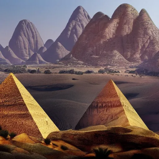 Prompt: the stone pyramids in the canyons are surrounded by mountains, a detailed matte painting by otto pilny, shutterstock contest winner, neo - primitivism, photo taken with ektachrome, playstation 5 screenshot, digitally enhanced, mexico