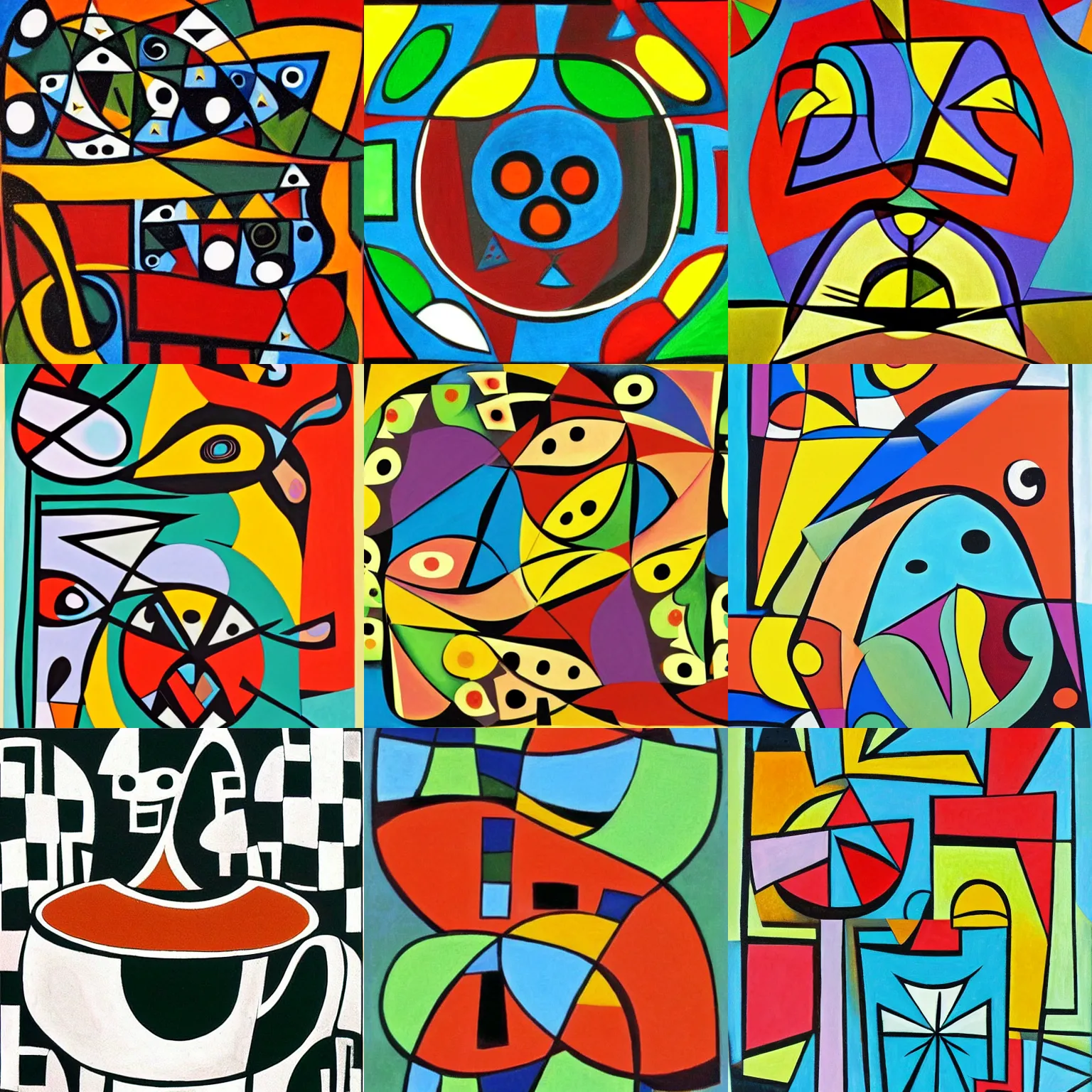 Prompt: geometric cappuccino woodlands style, by norval morrisseau, background fish in cubist style by picasso