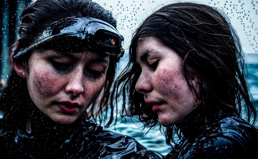 Image similar to cinestill 5 0 d candid photographic portrait by steve mccurry of two loving female androids sobbing wearing rugged black mesh techwear in treacherous waters, flooded city, medium closeup, retrofuturism cyberpunk moody emotional cinematic, pouring iridescent rain bright spotlight helicopter, 8 k, hd, high resolution, 3 5 mm, f / 3 2, ultra realistic faces, ex machina