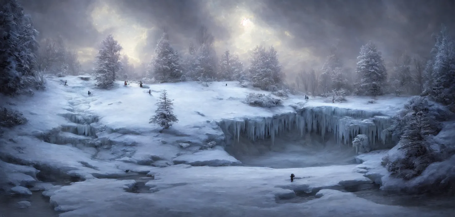 Prompt: ethereal winter flowers, carved ice door at the end of ice steps, magical atmosphere, renato muccillo, cinematic view, epic sky, detailed, concept art, low angle, high detail, warm lighting, volumetric, godrays, vivid, beautiful, trending on artstation, by jordan grimmer, huge scene, grass, art greg rutkowski