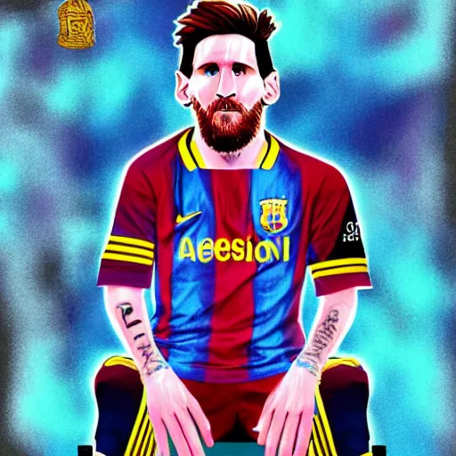 Image similar to messi sitting on a throne with argentina shirt, long beard, digital drawing, fantasy, vaporwave