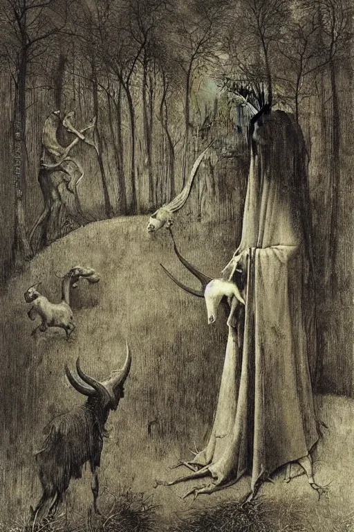 Prompt: zdzisław beksinski hieronymus bosch man with a goat head in the woods