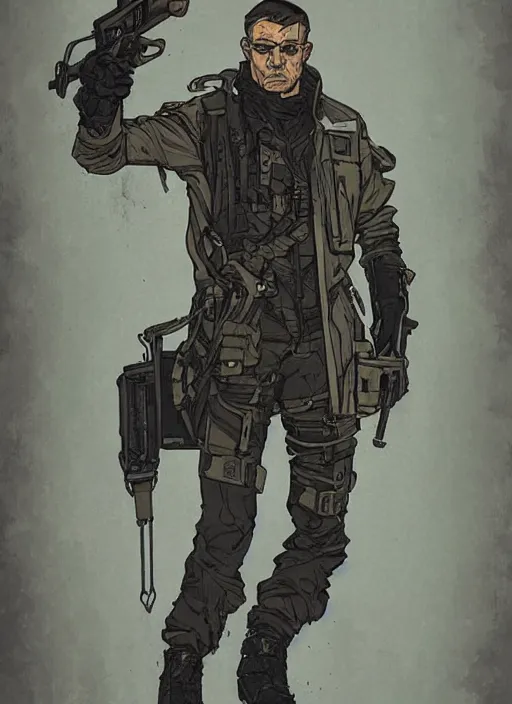 Prompt: the russian. cyberpunk assassin in military vest and jumpsuit. portrait by ashley wood and alphonse mucha and laurie greasley and josan gonzalez. illustration, pop art, cinematic. realistic proportions. moody industrial setting. artstationhq. smooth. sharp focus.