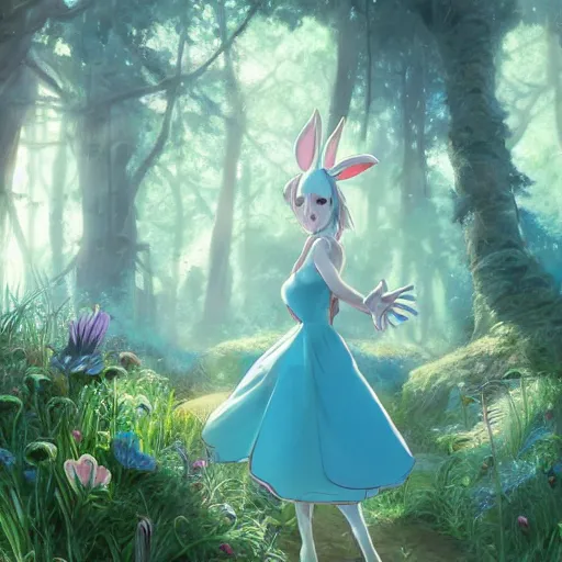 Image similar to concept art painting of an anthropomorphic white rabbit wearing a turquoise dress, in the deep forest, realistic, detailed, cel shaded, in the style of makoto shinkai and greg rutkowski and james gurney