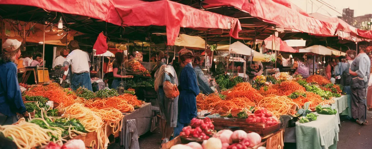 Image similar to farmers market with spaghetti, canon 5 0 mm, cinematic lighting, photography, wes anderson, film, kodachrome