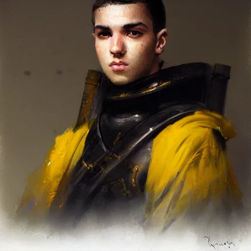 Prompt: Medium closeup young idealistic and pious male Imperial soldier wearing a black and yellow tabard over a gambeson and a steel open helm, by Raymond Swanland Greg Rutkowski Lise Deharm, {perfect face}, {perfect eyes}