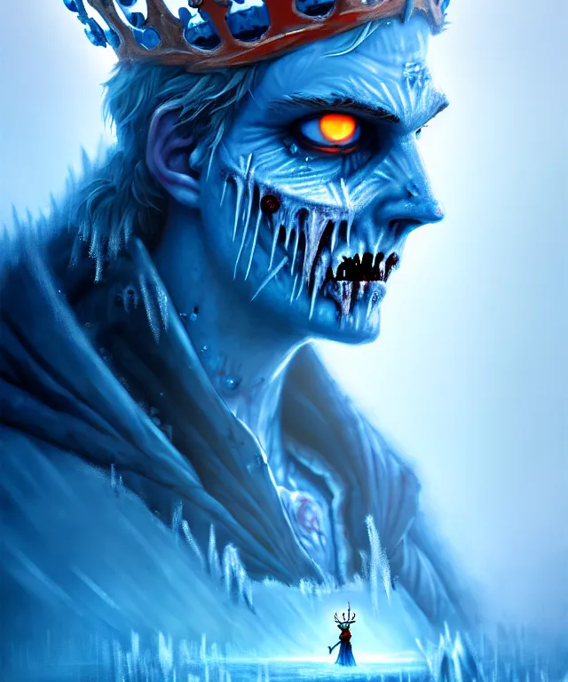 Image similar to frozen zombie man with a crown, eyes glowing blue, saling ship in the background, is at dawn and bluish, fantasy, intricate, elegant, digital painting, highly detailed, artstation, sharp focus, illustration, concept art, ruan jia, steve mccurry