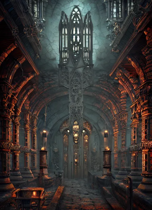 Image similar to steam necropolis, memento mori, gothic, neo - gothic, art nouveau, hyperdetailed copper patina medieval icon, stefan morrell, philippe druillet, ralph mcquarrie, concept art, steampunk, unreal engine, detailed intricate environment, octane render, moody atmospherics, volumetric lighting, ultrasharp, ominous, otherworldly