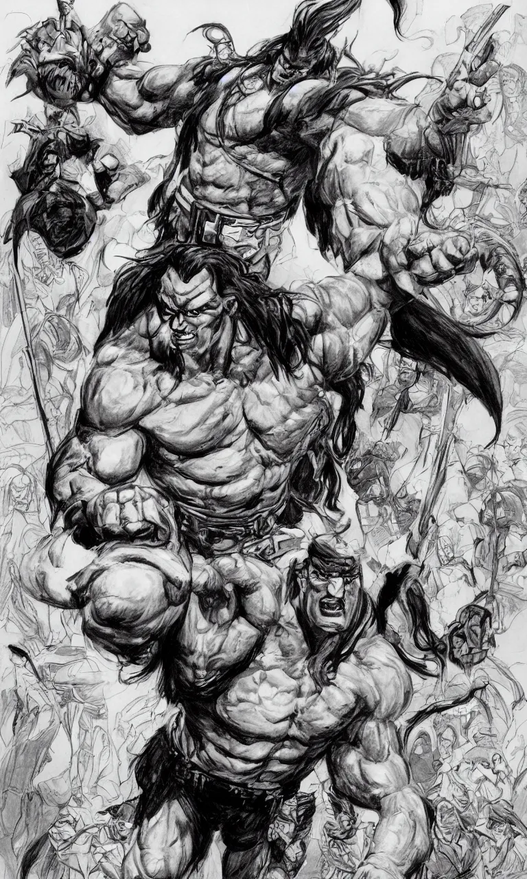 Prompt: digital detailed pianting drawing of conan by simon bisley and john buscema, unreal engine 5