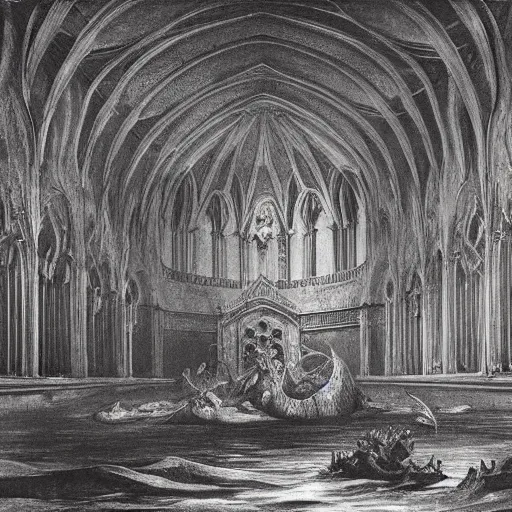 Image similar to an underwater gothic cathedral at the bottom of the ocean surrounded by mermaids, by gustave dore, francisco goya, william blake, dark and scary abyssal ambient, utradetailed, matte painting, smooth zenithal lighting, epic masterpiece,