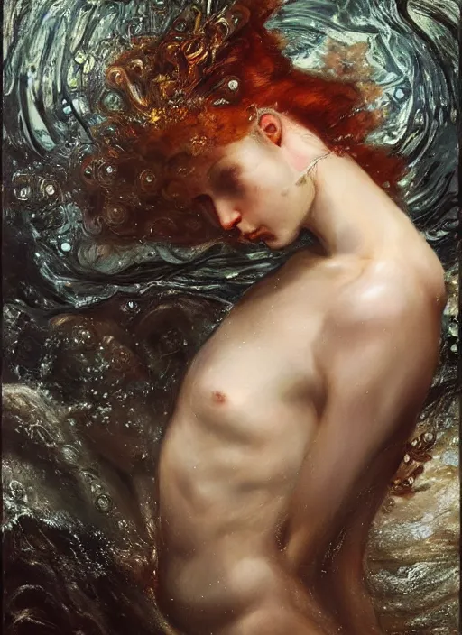 Prompt: highly detailed oil painting | very intricate | cinematic lighting | award - winning | elegant fabric, flowing underwater fashion by alexander mcqueen | by roberto ferri, by tom bagshaw, by j. c. leyendecker and klimt, american romanticism, by austin osman spare, artstation, cgsociety, official art, octane