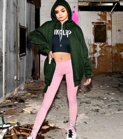 Image similar to kylie jenner doing graffiti in a derelict garage, dust mist, rural, rear shot, tight leggings with a pink hoody, mold, greenery