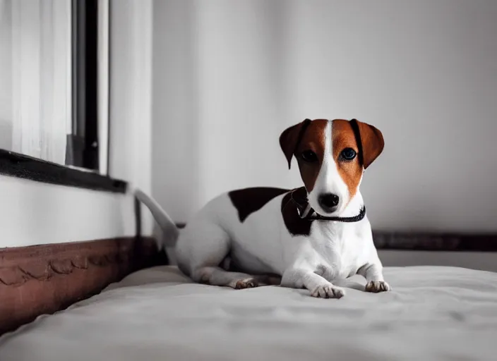 Image similar to photography of a Jack Russel . watching outside the window. on a bed. in a vintage room full of vinyls and posters.,volumetric light, photorealistic,, award winning photo, 100mm, sharp, high res