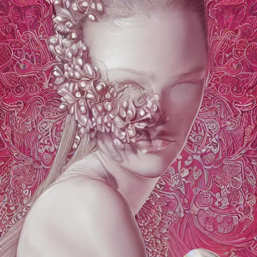 Image similar to the portrait of an absurdly beautiful, graceful, elegant, sophisticated, fashionable woman made of strawberries and white petals looking down, an ultrafine hyperdetailed illustration by kim jung gi, irakli nadar, intricate linework, bright colors, octopath traveler, final fantasy, unreal engine 5 highly rendered, global illumination, radiant light, detailed and intricate environment