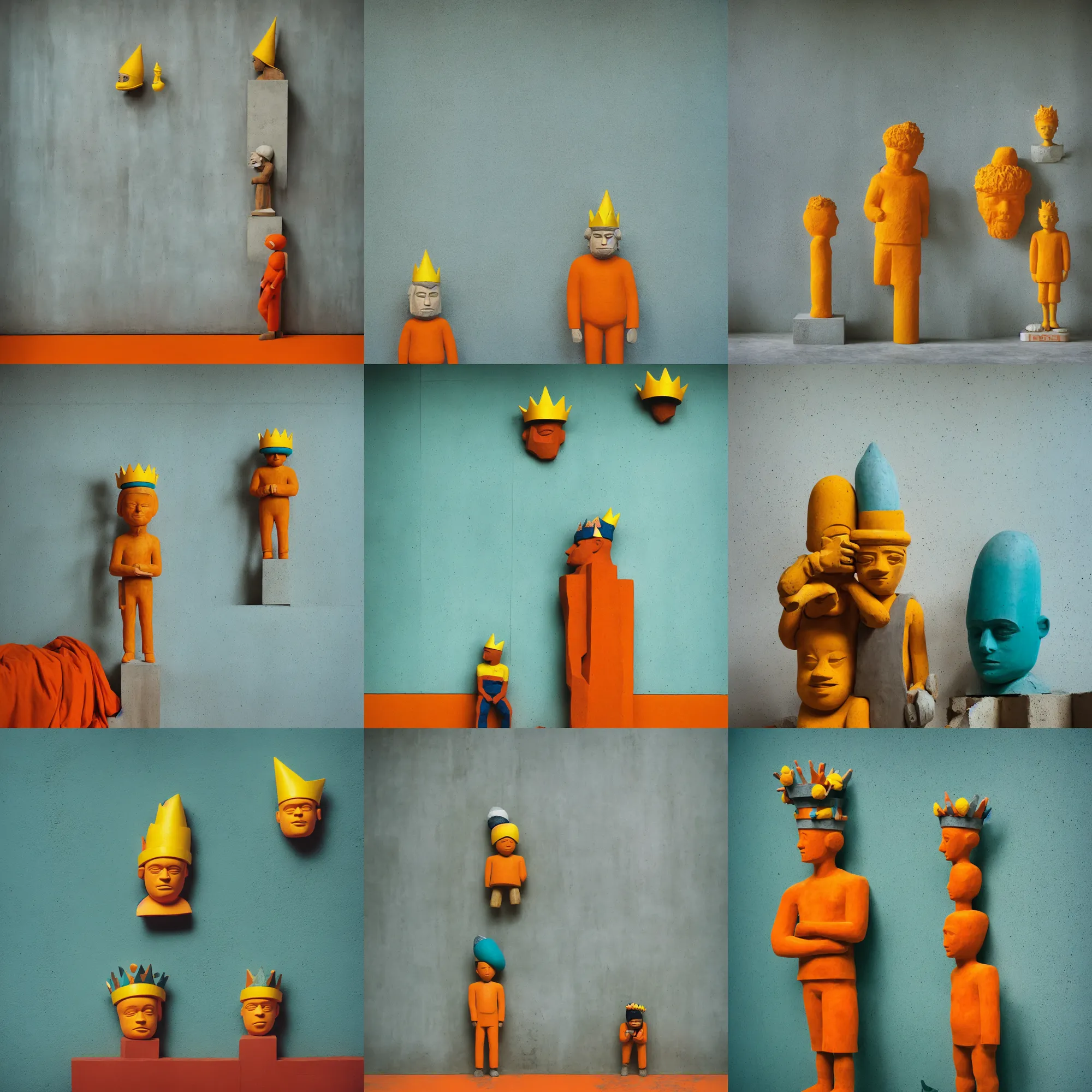 Image similar to kodak portra 4 0 0, 8 k, shot of a highly detailed, britt marling style, colour still - life portrait of a large minimalistic room, rough concrete walls, the rough carved wooden statue of a teal and orange striped little man with a yellow crown on his head, muted colours