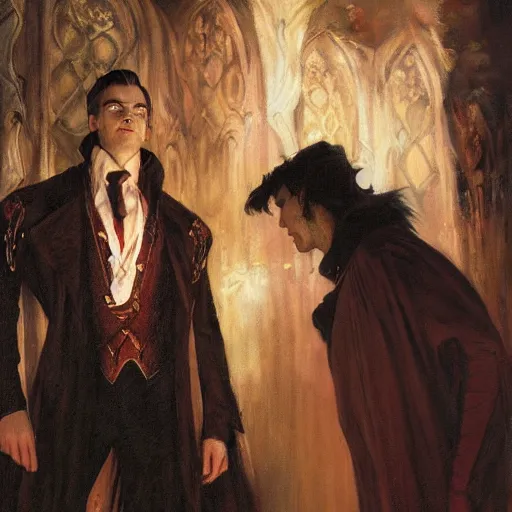 Image similar to attractive male, arthur pendragon confesses his love to attractive male dracula the vampire. highly detailed painting by gaston bussiere, craig mullins, j. c. leyendecker 8 k