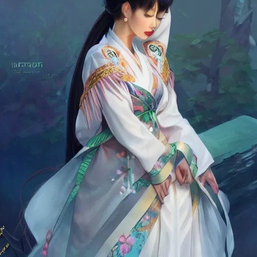 Image similar to ahri wearing a hanbok!!!, attractive, modern, victoria's secret, highly detailed, digital painting, artstation, concept art, smooth, sharp focus, illustration, art by artgerm, greg rutkowski and alphonse mucha