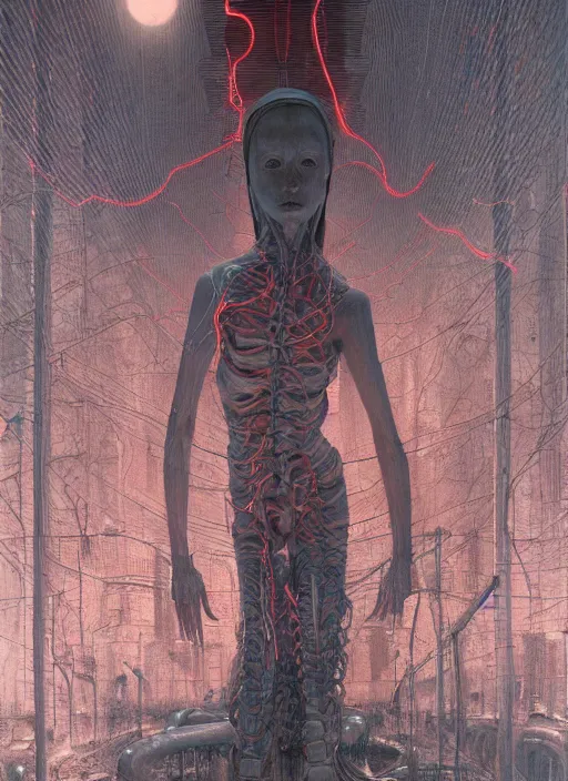 Image similar to Portrait Masterpiece, Woman, in a h.r. giger city, red, glowing, wires everywhere, by Edgar Maxence and Ross Tran, Zdzisław Beksiński, and Michael Whelan, distant, gustav dore, H.R. Giger, 8k, octane render