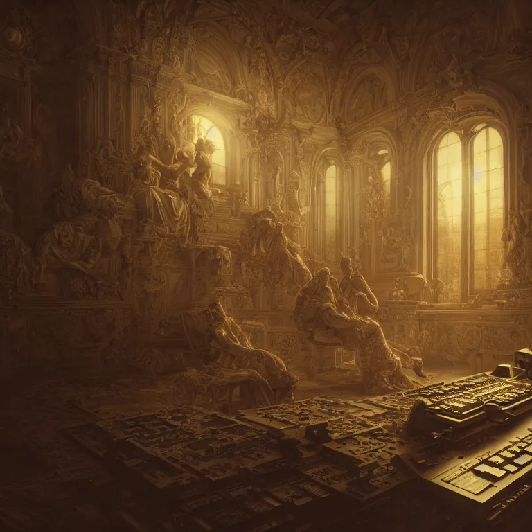 Image similar to motherboard, chip circuit, computer, dream - like atmosphere, baroque landscape painting, perfect composition, beautiful detailed intricate insanely detailed octane render trending on artstation, 8 k artistic photography, photorealistic, soft natural volumetric cinematic perfect light, chiaroscuro, award - winning photograph, masterpiece, raphael, caravaggio, greg rutkowski, beeple