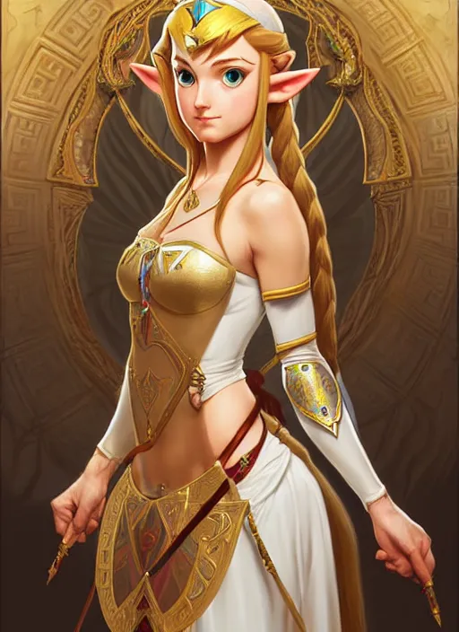 Image similar to perfectly detailed princess zelda!! blessed by nature with ever - increasing physical mental perfection, symmetrical! intricate, sensual features, highly detailed, biblical divine holy perfection!! digital painting, artstation, concept art, smooth, sharp focus, illustration, art by artgerm and greg rutkowski and alphonse mucha