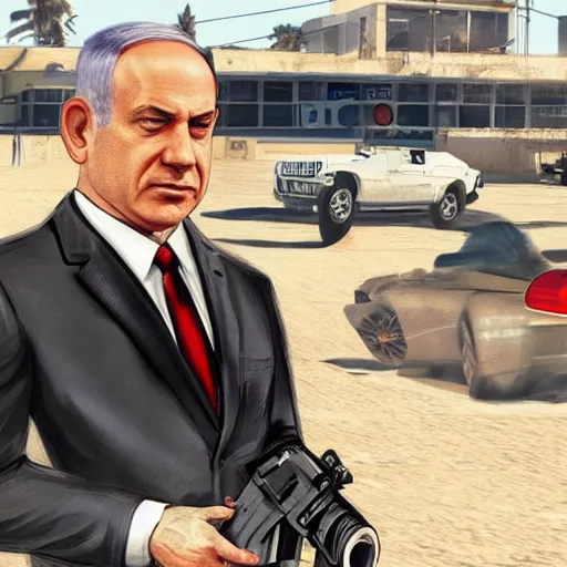 Prompt: benjamin netanyahu in gta v, cover art by stephen bliss, artstation, no text