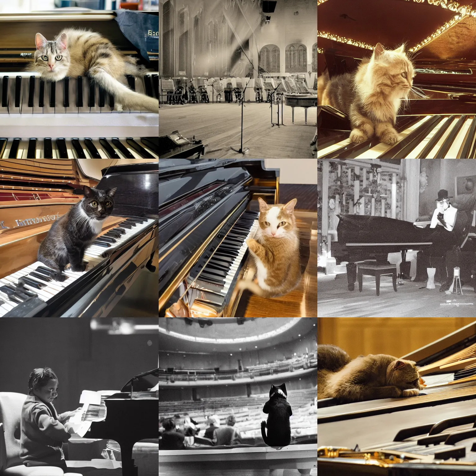 Prompt: a photo of a cat playing grand piano in a concert hall