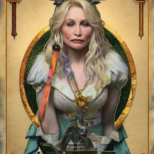 Image similar to an ultra detailed tarot card of teenage dolly parton as a necromancer, d & d, epic fantasy, concept art by alphonse mucha and greg rutkowski, octane render, 8 k, detailed face