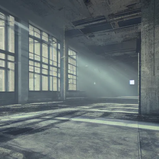 Image similar to abandoned industrial factory interior, volumetric light scattering, light filtering, dustlight, god rays, dust, digital art, trending on artstation