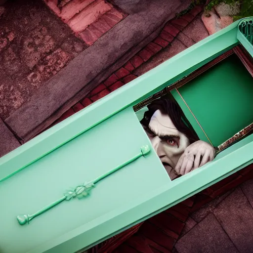 Prompt: dracula regrets the mint green paint color he chose for his coffin, 4 k photo, cinematic lighting,