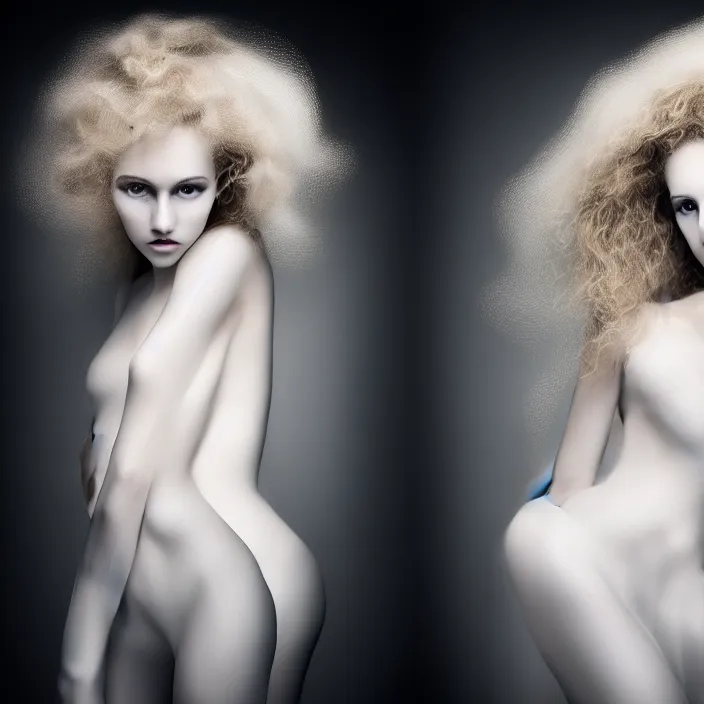 Prompt: photography of a beautiful woman with curly blond hair dressed in long white, fine art photography light painting in style of Paolo Roversi, professional studio lighting, volumetric lighting, dark background, hyper realistic photography, fashion magazine style