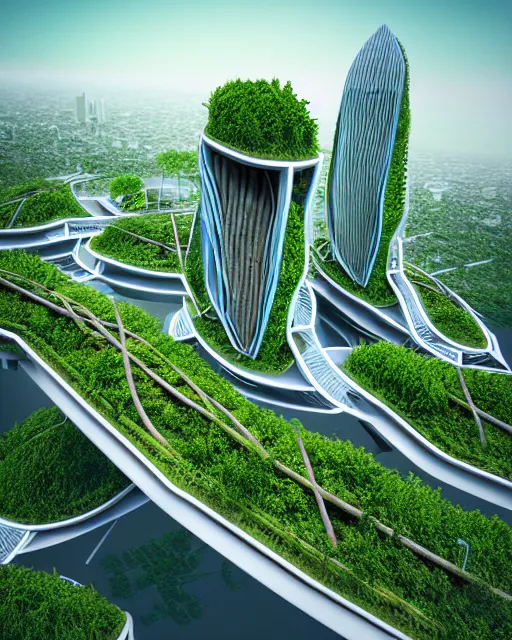 Image similar to 3 d illustration cycles render of futuristic environmental city architecture with building terraces covered in vegetation and high rise structures connected by bridges on multiple different levels by beeple and annibale siconolfi