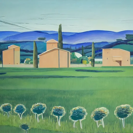 Image similar to solarpunk dreaming a toscana landscape with curious modern houses, painted by Alex Katz, highly detailed