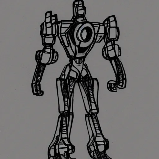 Image similar to a simple pencil sketch of a giant humanoid athletic sleek futuristic humanoid robot mech powering up as small floating particles swirl around it