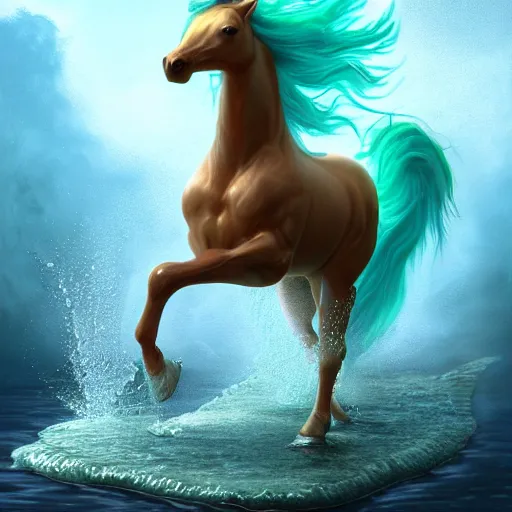 Image similar to a fantastical transparent small turquoise spirit horse made of water and foam and algae, splashing water, wave, translucent, ethereal, noble, radiant, hyperalism, scottish folklore, digital painting, artstation, concept art, smooth, 8 k frostbite 3 engine, ultra detailed, art by artgerm and greg rutkowski and magali villeneuve