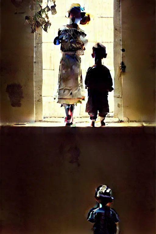 Image similar to a 1 2 year old boy and 3 year old girl looking at a wall full of ghosts, part by norman rockwell, part by greg rutkowski, part by mattias adolfsson, high angle, ( ( ( ( volumetric lighting ) ) ) ), oil on canvas