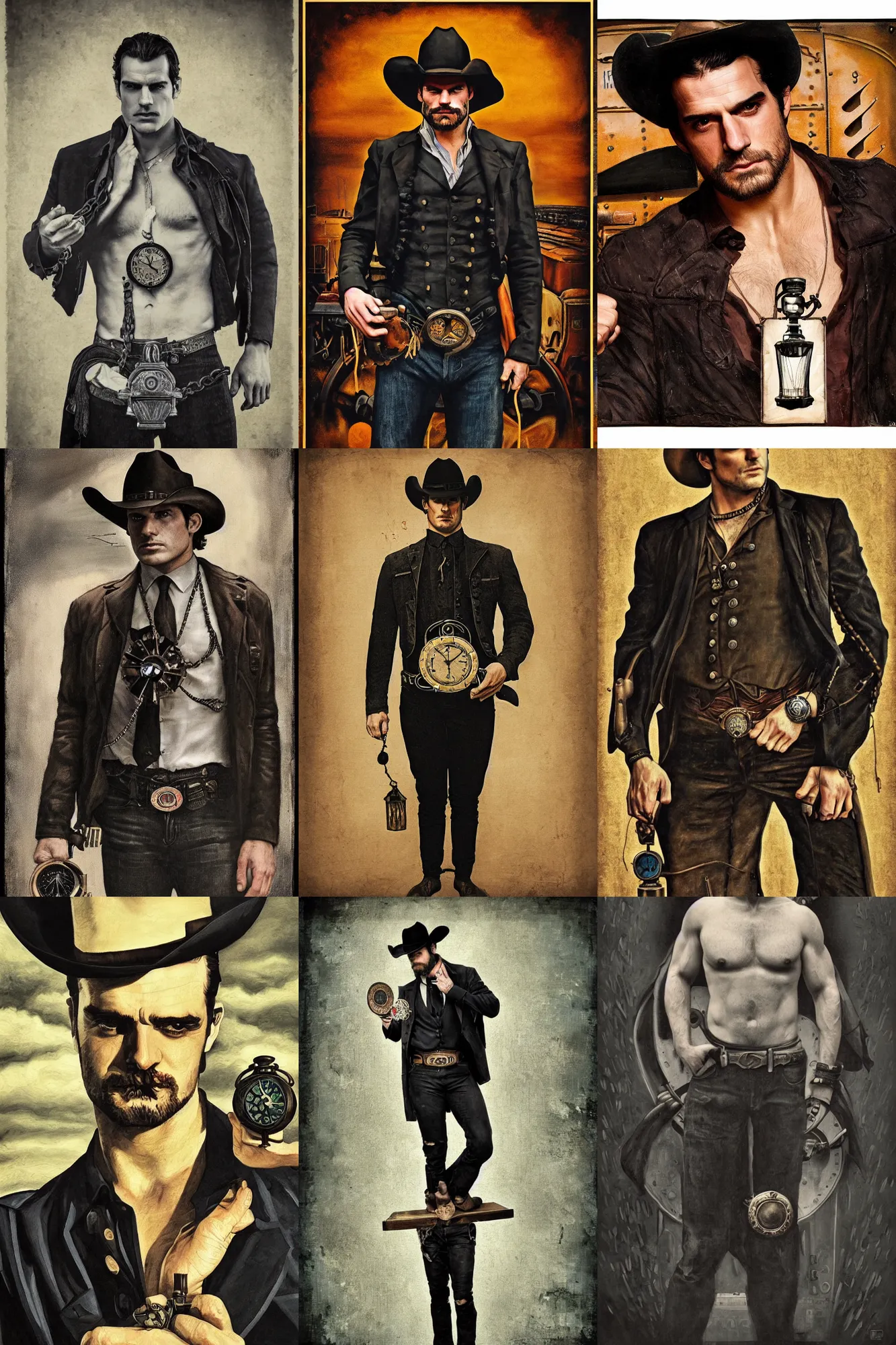 Prompt: a dramatic moody symmetrical painting of a suspicious handsome cowboy holding a pocketwatch | his shirt is ripped open | background is a locomotive railroad railway steamtrain | tarot card, art deco, art nouveau, steampunk, homoerotic | by Mark Maggiori, by Henry Cavill | trending on artstation