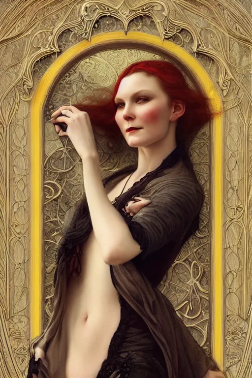 Prompt: Kirsten Dunst by Tom Bagshaw in the style of Gaston Bussière, art nouveau