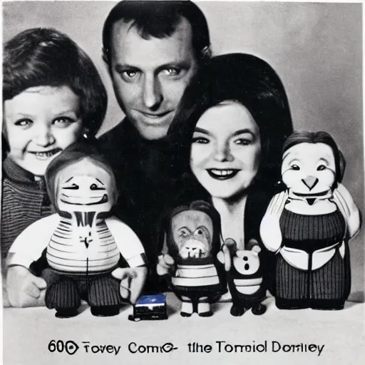 Image similar to creature family photo, toy commercial from the 60s