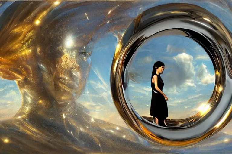 Image similar to homo sapiens, fantasy, painting, chrome, reflect, ultra realistic!!!, clear weather, golden hour, sharp focus