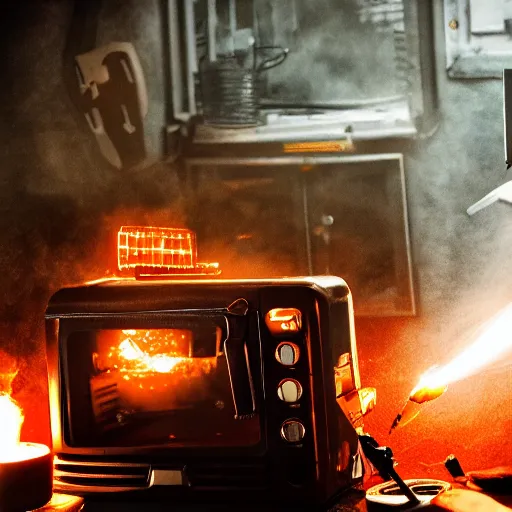 Image similar to cyborg toaster oven repairman, dark messy smoke - filled cluttered workshop, dark, dramatic lighting, orange tint, sparks, cinematic, highly detailed, sci - fi, futuristic, movie still