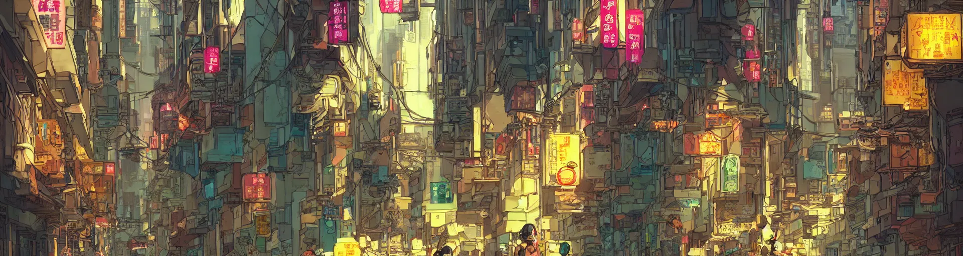 Image similar to a cyberpunk hong kong alley with robots and humans walking around by moebius, pixar color palette, clear details, ground level