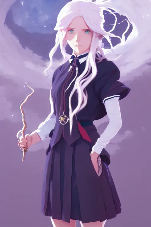 Image similar to visual novel sprite of female student witch by greg rutkowski, genshin impact, witch academia, magic school uniform, glowing white iridescent hair color, by studio ghibli, digital art, trending on artstation, hd, 8 k, highly detailed, good lighting, beautiful, masterpiece