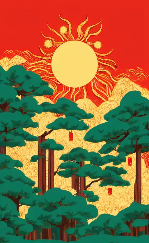 Image similar to hanafuda, a big red charm is floating above a forest of japanese pines, a big red sun in the background, original style, front game card, vector line art, trending on behance, concept art, stunning, matte