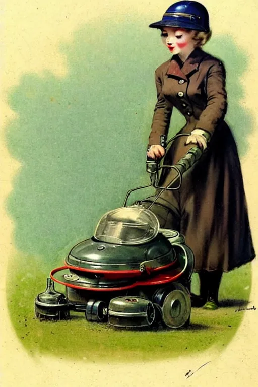 Image similar to ( ( ( ( ( 1 9 5 0 s retro future android robot lawnmower. muted colors., ) ) ) ) ) by jean - baptiste monge,!!!!!!!!!!!!!!!!!!!!!!!!!