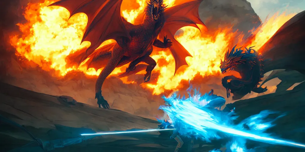 Prompt: dragon spits fire on a blue knight holding a gold sword, green hatchback car screen left, low wide angle, anime, desert landscape, greg rutkowski, Murata, one punch man manga, cinematic, digital art, hyper realistic