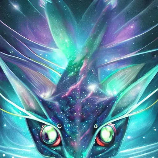 Image similar to geometric symmetrical vaporeon with galaxy eyes in space, nebula in the background, intricate, elegant, highly detailed, digital painting, artstation, concept art, smooth, sharp focus, illustration, art by artgerm